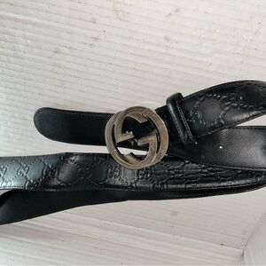 Gucci Black Embossed Leather Belt with Silver Buckle